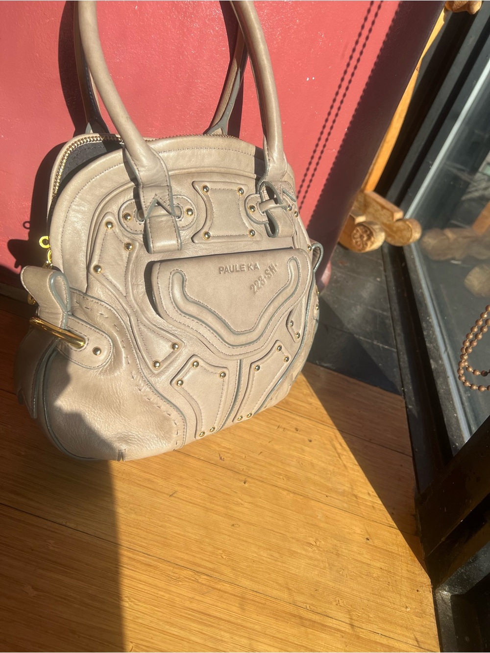 PAULE KA Taupe Leather Mini Dome Tote with Stud Detail
